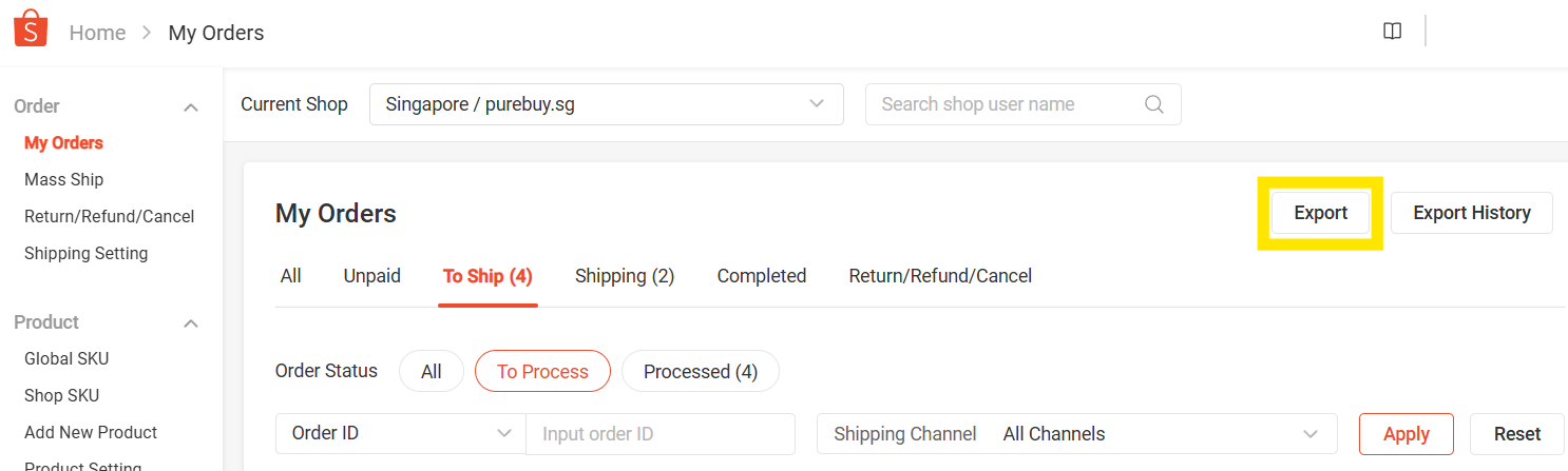 Shopee Seller Center Export